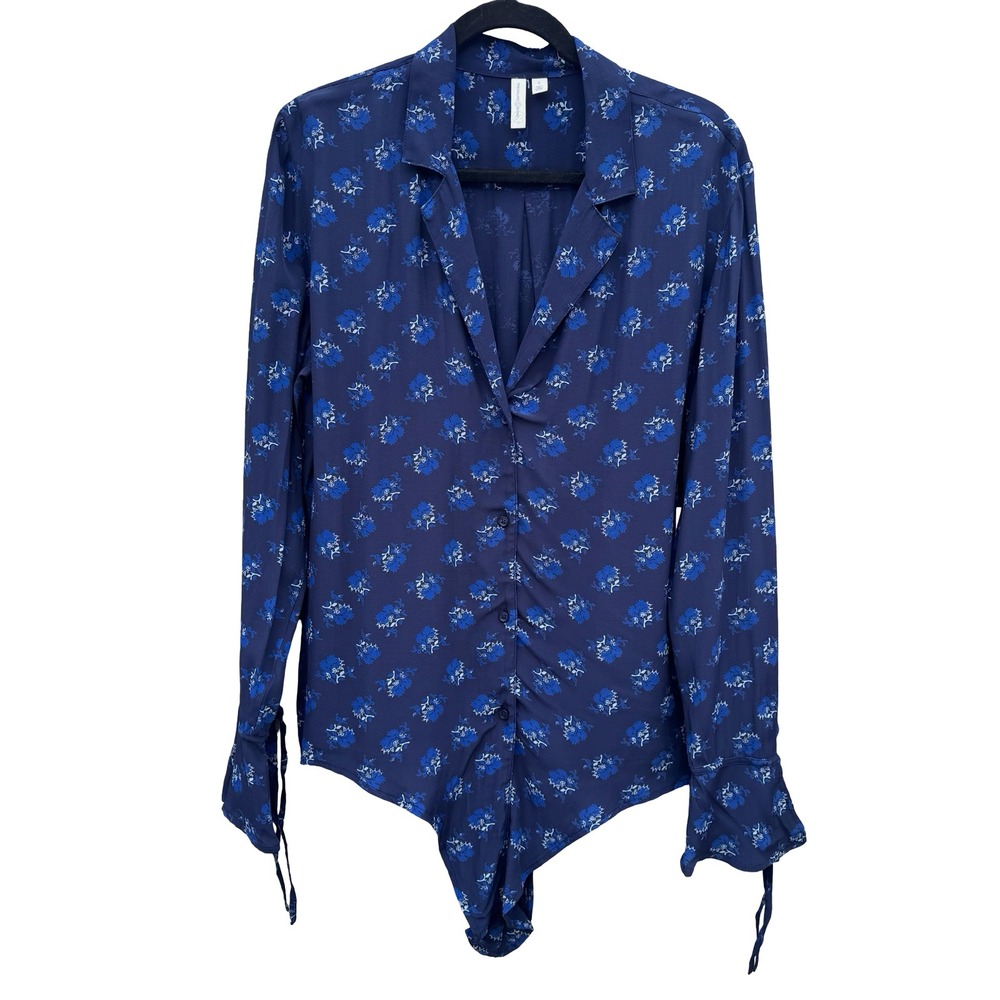 Treasure & Bond Floral Tie Waist Wrists Boho Cottage Blouse Navy Womens S NEW‎